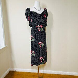Suzanne Betro Black Floral Polka Dot Puff Sleeve Wrap Dress XL / 1950s Pin-Up